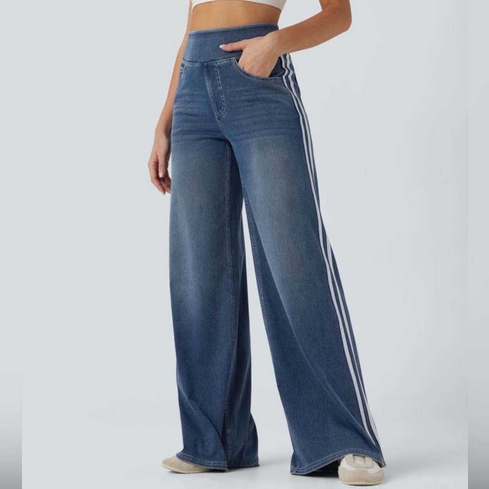 Halara Flex Blue Wide-leg Side Stripe Denim Jeans Size S